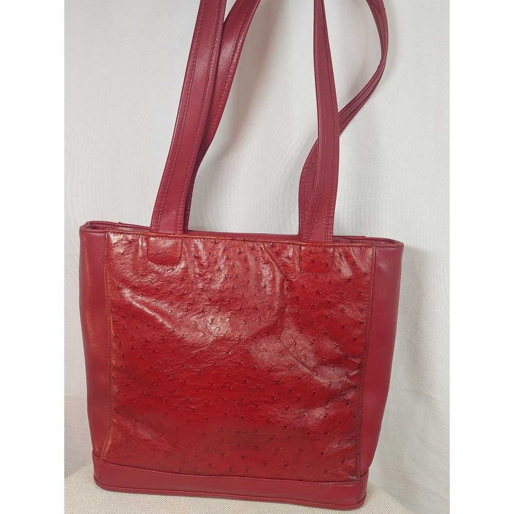 Bernini Red Ostrich Print Leather Tote Handbag Shoulder Bag Structured Purse Y2K